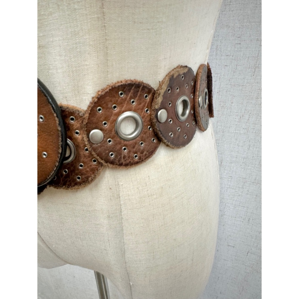 Western boho leather Disc Concho Belt‎ Brown silver grommets SML/MED adjustable - Picture 5 of 16